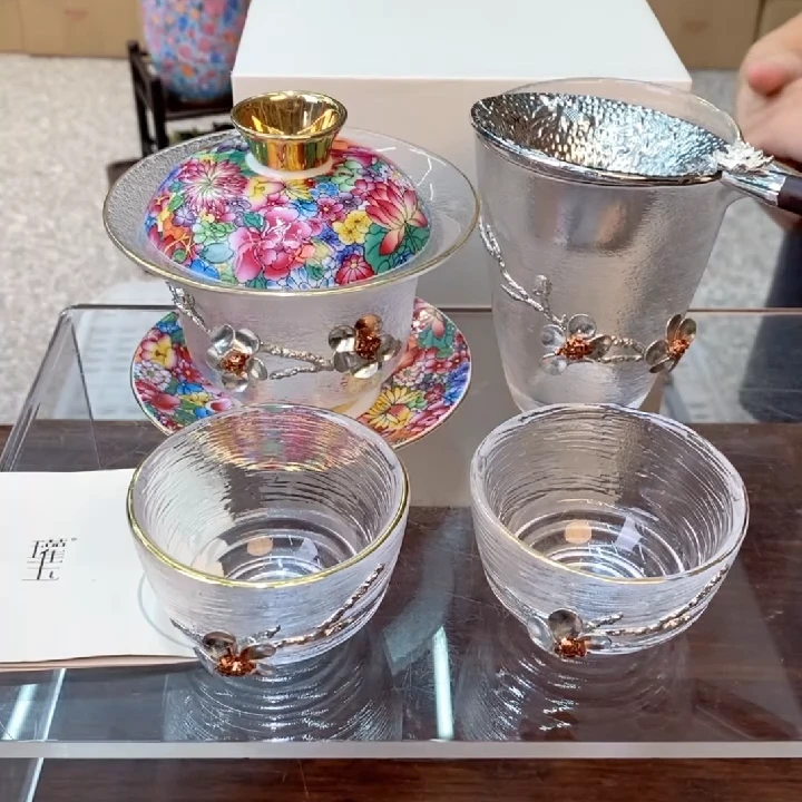 【闪购商品】瓘玉珐琅彩梅花盖碗泡茶盖碗水晶玻璃耐热透明（不带盘）