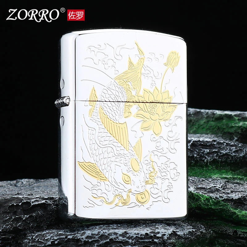 ZORRO佐罗精雕双色锦鲤鲤鱼原装双面精雕复古防风经典煤油打火机