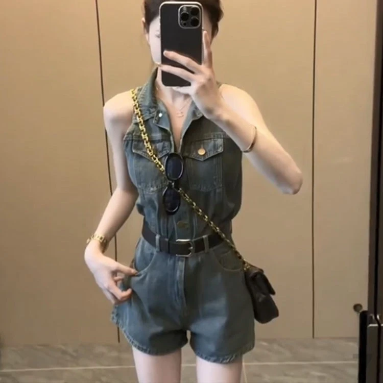 2024夏季新款POLO领无袖牛仔连体套装女美式复古高腰修身显瘦短裤