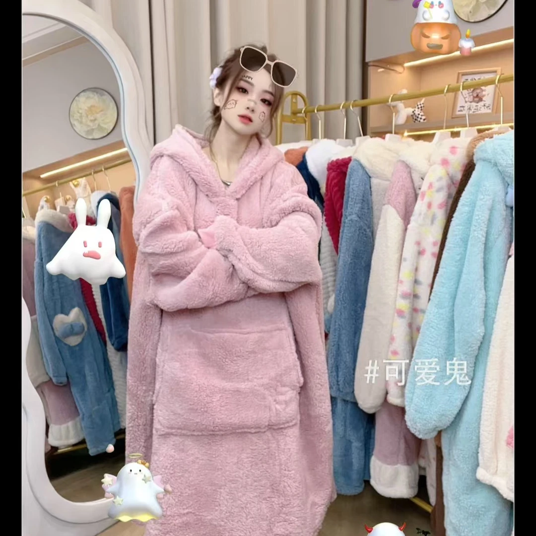 2025新款粉色卫衣加绒加厚睡袍长款保暖宽松秋冬季连帽时尚家居服