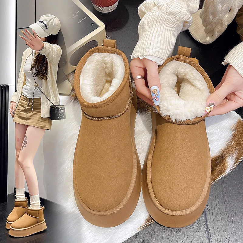 厚底雪地靴女款2024冬季新款美拉德复古短靴加绒加厚保暖防滑棉鞋