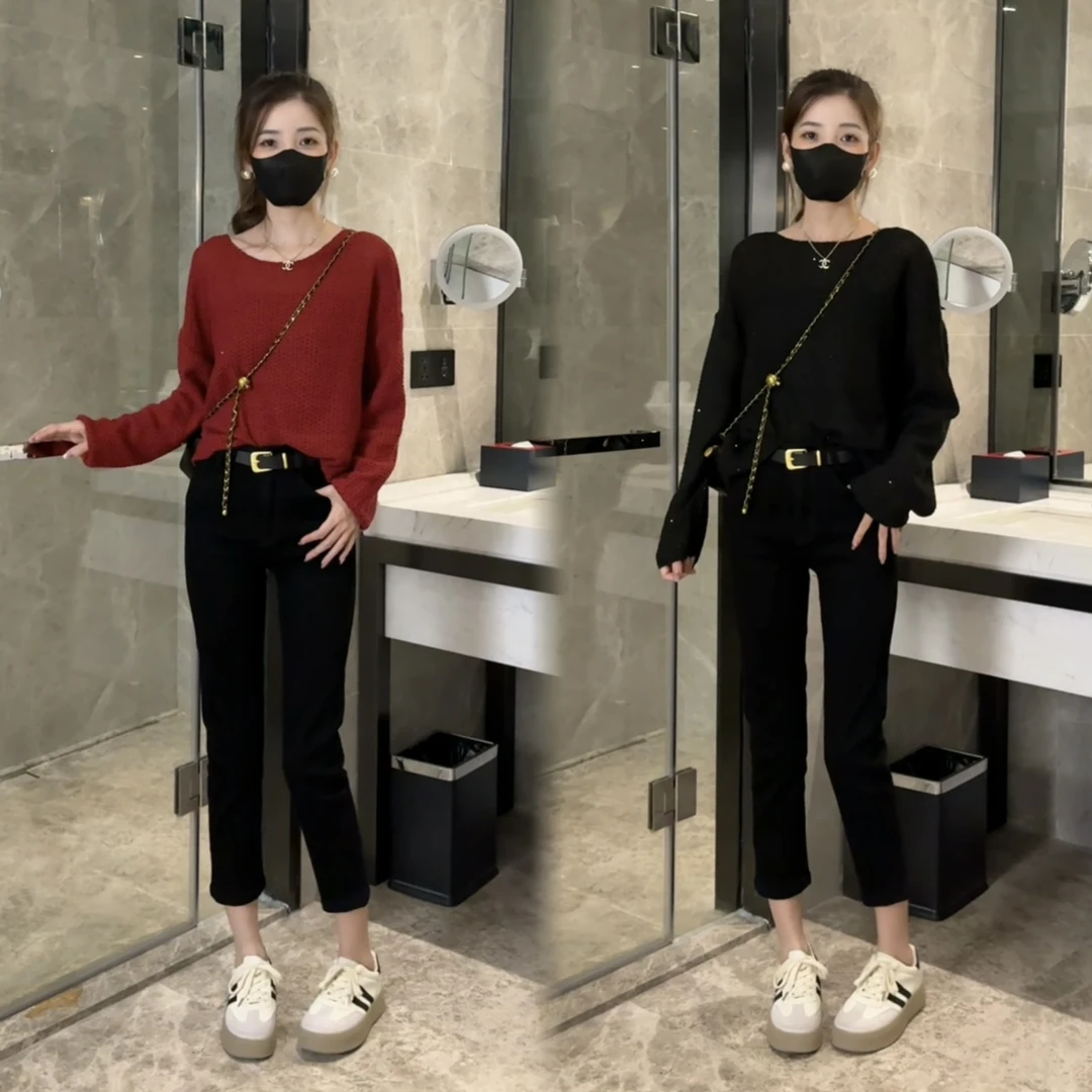 2024慵懒针织衫长袖秋季百搭亮片小脚裤两件套