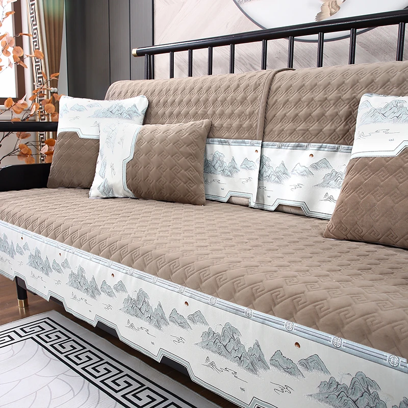 新中式沙发垫定做加厚防滑冬季高档红木坐垫四季毛绒垫沙发套盖布