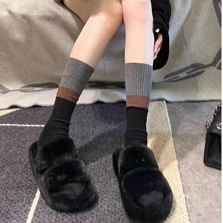 吉美家拼色袜秋冬双针拼接甜美中筒长袜条纹女士时尚ins小腿袜