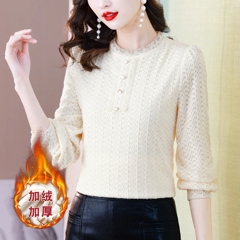 宽松薄+厚蕾丝花边打底衫2023秋冬加绒加厚长袖上衣内搭洋气小衫