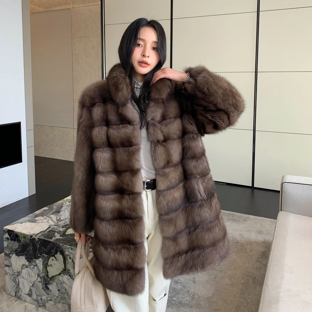 2024俄罗斯紫貂大衣整做显瘦皮草女新款冬季时尚外套本色休闲立领