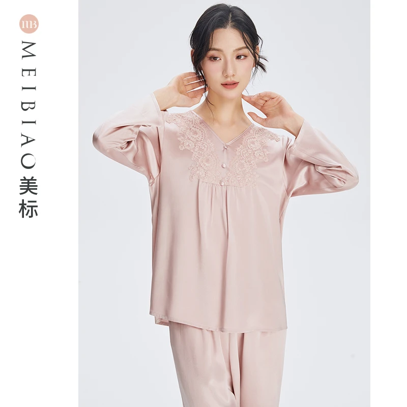 美标春秋蕾丝长袖舒适女100桑蚕丝真丝睡衣套装纯色家居服 100128