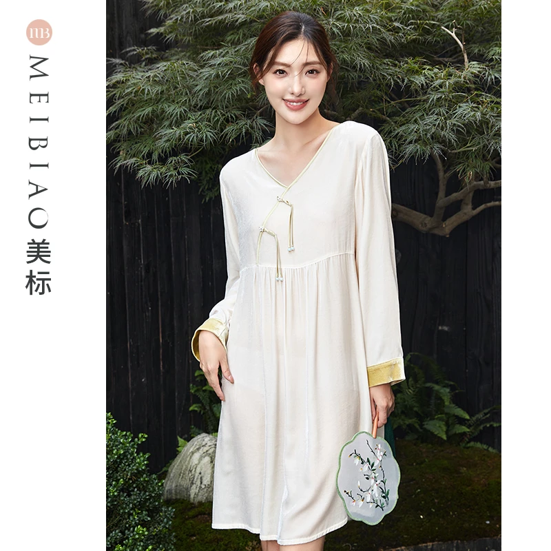 美标桑蚕丝19姆米真丝丝绒长袖白色中式古风女士睡裙  100135