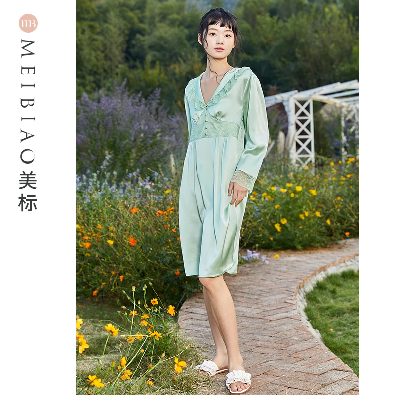 美标100%桑蚕丝19姆米女士气质复古风古长袖裙宽松百合绿100101