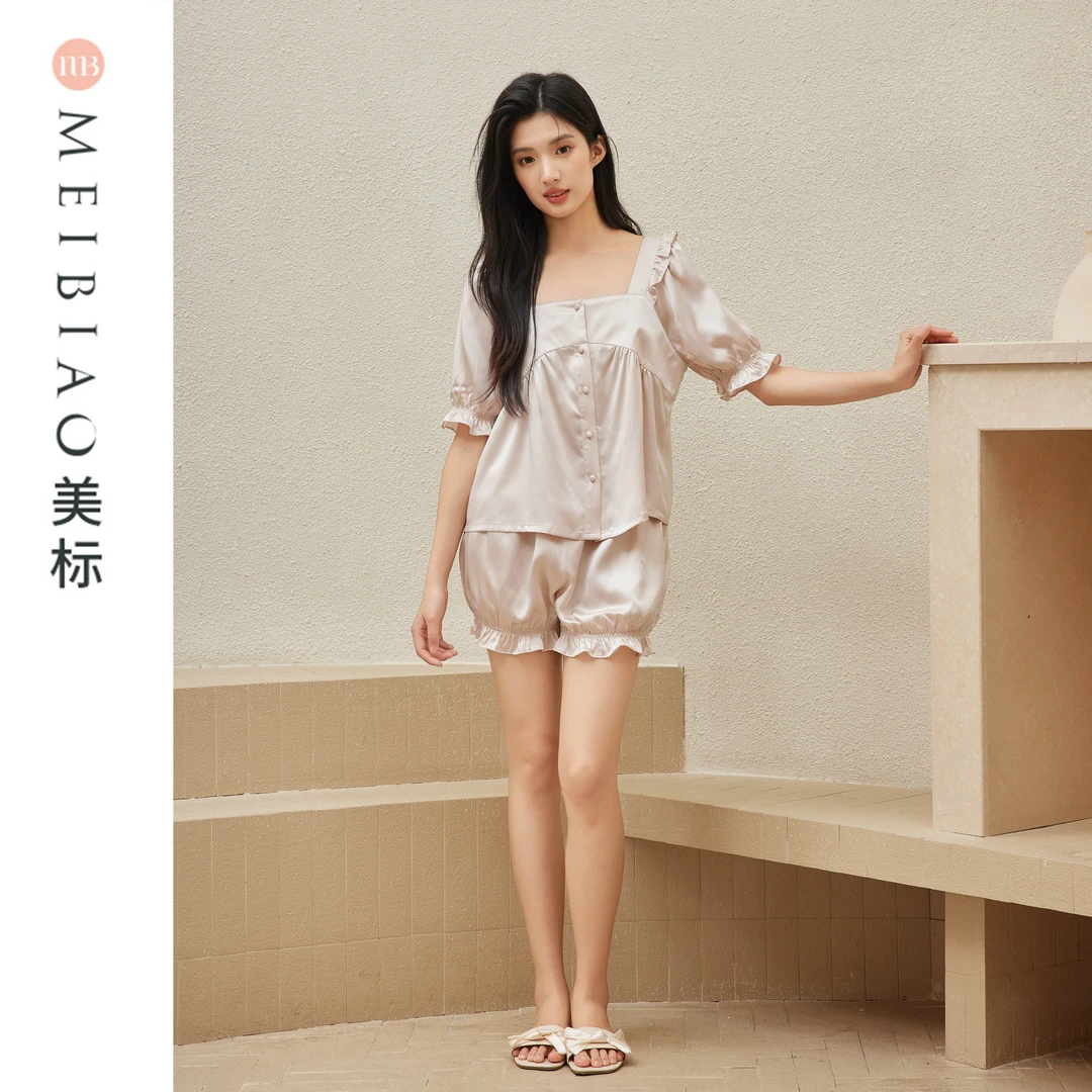 美标100%桑蚕丝夏季舒适时尚女士宽松睡衣短袖短裤女套装100185