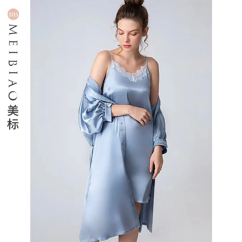 美标100%桑蚕丝蓝颜色吊带睡袍两件套丝绸家居服070253/070245