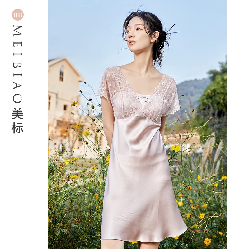 美标夏季100%桑蚕丝女士短袖带胸垫睡裙蕾丝睡衣丝绸家居服100069