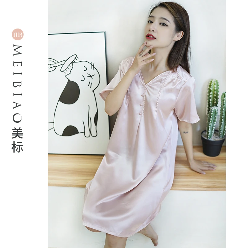 美标短袖睡裙花边真丝睡衣100%桑蚕丝夏季女纯色甜美家居服100068
