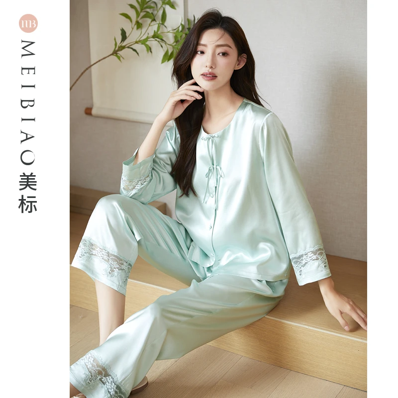 美标国风中式100%桑蚕丝19姆米长袖女士真丝套装家居服100159