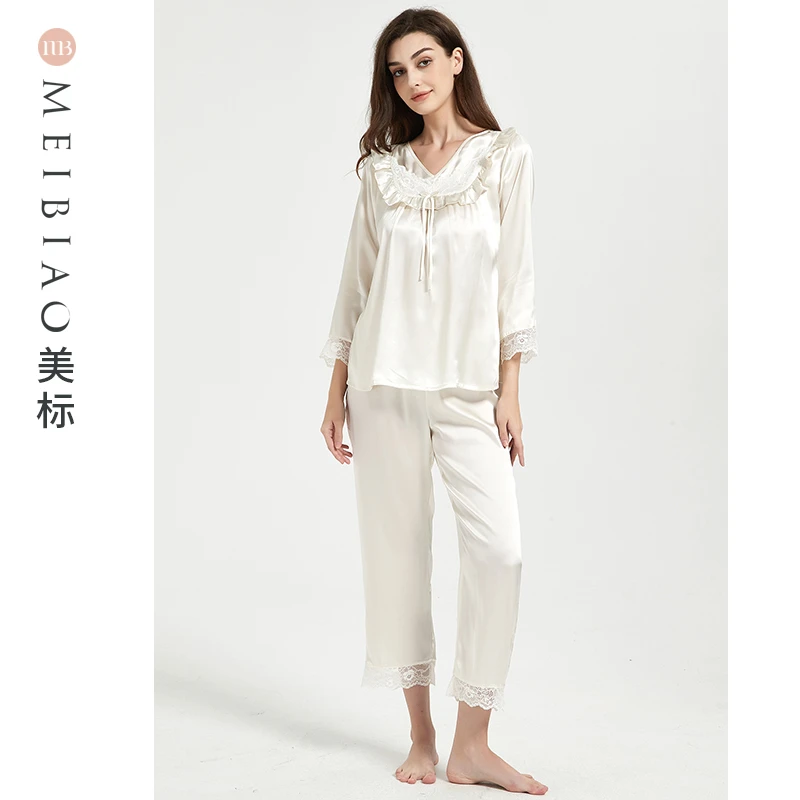 美标100桑蚕丝宫廷风奶油白女气质宽松时尚休闲套装家居服 200007