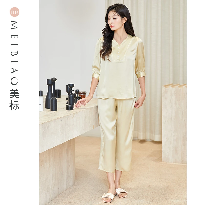 美标100%桑蚕丝气质休闲夏季简约宽松女士套装家居服100108