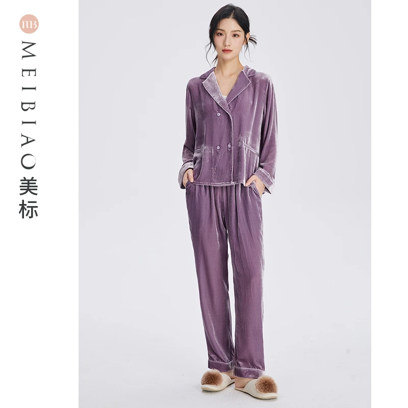 美标丝绒桑蚕丝19姆米真丝丝绒秋冬季长袖女士套装家居服