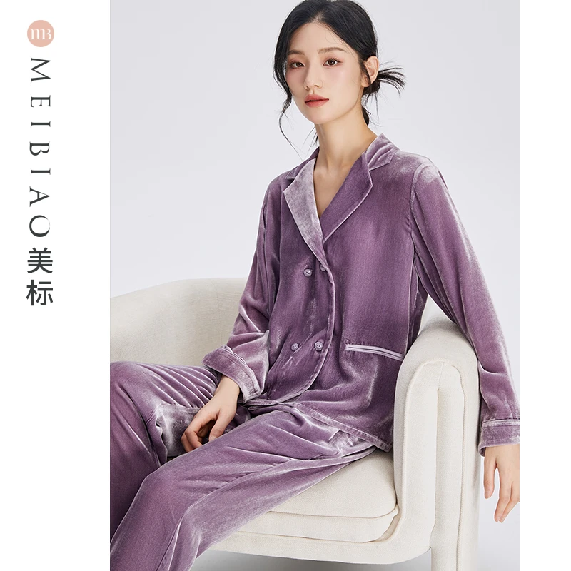 美标100%桑蚕丝真丝绒秋冬季保暖长袖高级女士套装家居服  100142