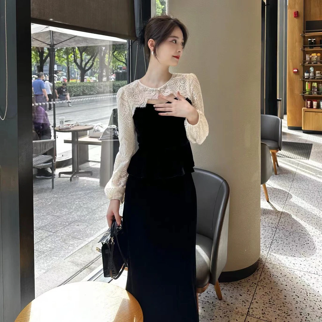 2024秋季长袖拼接蕾丝上衣衬衫+收腰气质显瘦中高腰半身裙套装