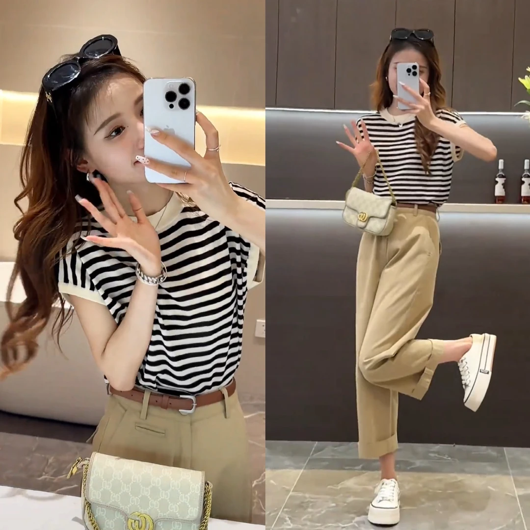 2024夏新款女针织宽松条纹显瘦百搭上衣+纯色宽松简约9分裤休闲裤