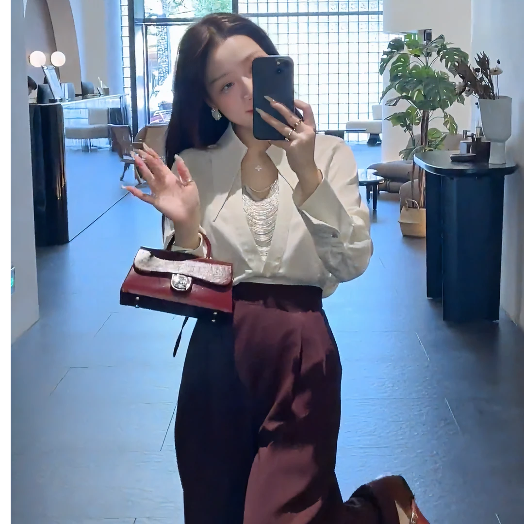 时尚气质套装女2024早秋新款V领长袖衬衫高级感阔腿裤两件套