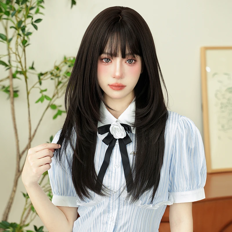 蜜桃小姐C-0386黑茶色层次水母头修颜直发假发圆脸设计感显白假发