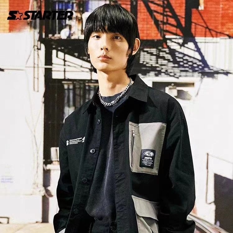 STARTER 工装衬衫男女同款潮流上衣百搭拼接大口袋户外长袖外套