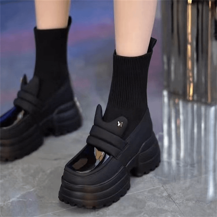 时尚百搭休闲拼接深口靴子厚底显瘦松糕底中跟一脚蹬秋冬单鞋圆头