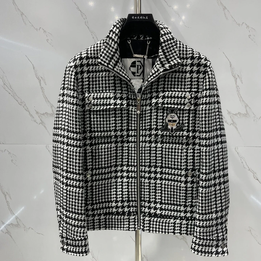 炸【PP外套加棉】秋冬新款潮流休闲男装夹克外套翻领千鸟格时尚百搭