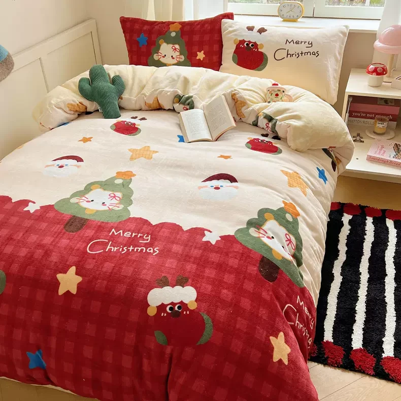 可爱卡通圣诞小猫牛奶绒四件套保暖加厚被套罩宿舍三件套床单床笠