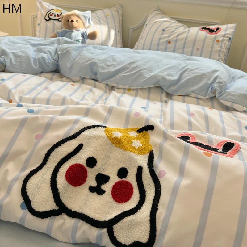 可爱毛巾绣水洗棉四件套少女心卡通被套床单大学生宿舍三件套床品