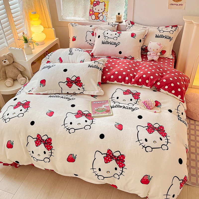 霍马helloKitty加厚牛奶绒卡通四件套加绒女孩儿童被套三件套冬季