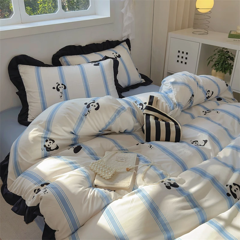 霍马可爱熊猫水洗棉床上四件套花边被套床单床笠宿舍三件套公主风