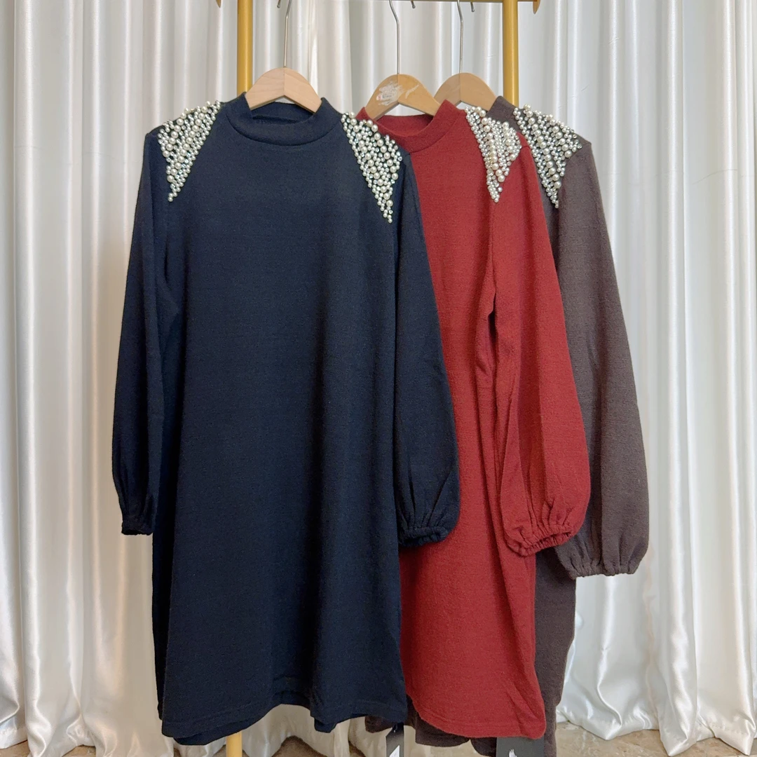 5272-1新款大码高端时尚钉珠洋气显瘦中长款七分袖百搭连衣裙