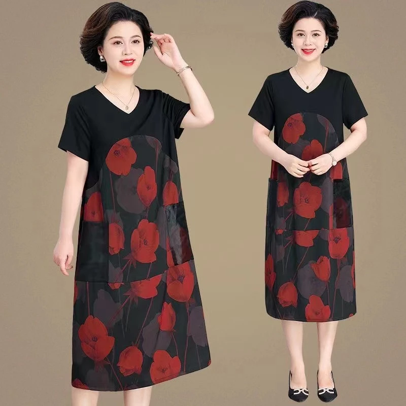 妈妈装夏季遮肚大码短袖过膝短袖显瘦宽松阔太太休闲中老年裙子