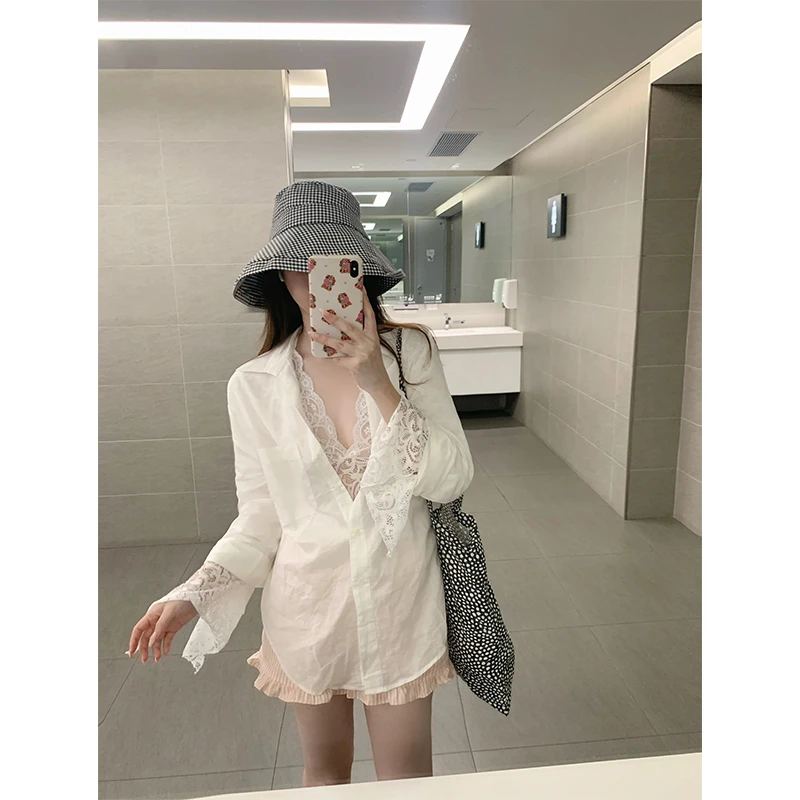 夏季穿搭女士新款性感纯欲法式蕾丝白色镂空内搭长袖百搭衬衫上衣