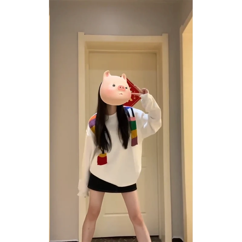 时尚穿搭女士秋季彩虹带拼接长袖宽松显瘦百搭韩版上衣气质短裙