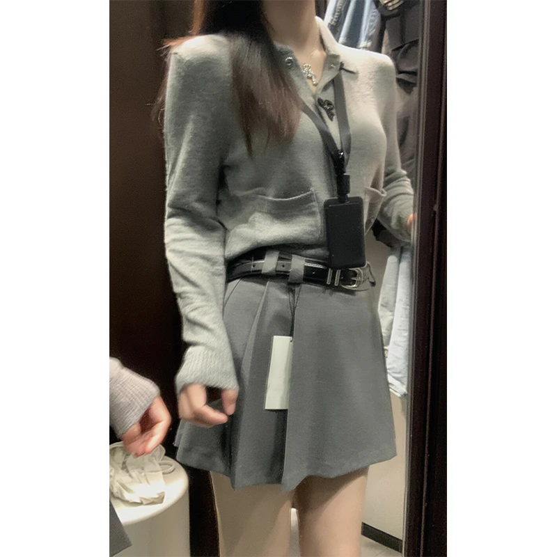 2024早秋新款女士韩系气质修身显瘦翻领针织长袖上衣高腰半身短裙