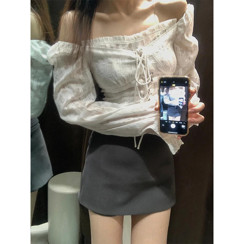 2024秋季新款女士气质纯欲系带修身一字肩长袖上衣高腰显瘦半身裙