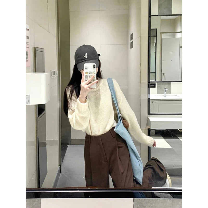 2024早秋新款女士简约百搭圆领慵懒针织长袖上衣高腰休闲阔腿裤