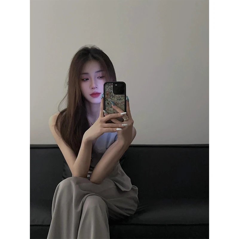 时尚套装女士夏季无袖排扣V领显瘦法式衬衫宽松小众阔腿裤两件套