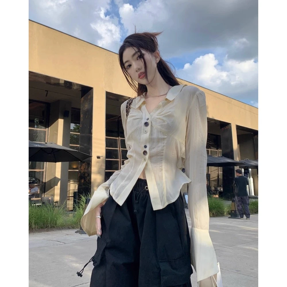 轻奢衬衫高级感微喇叭长袖女早秋设计感小众绑带衬衣气质修身上衣