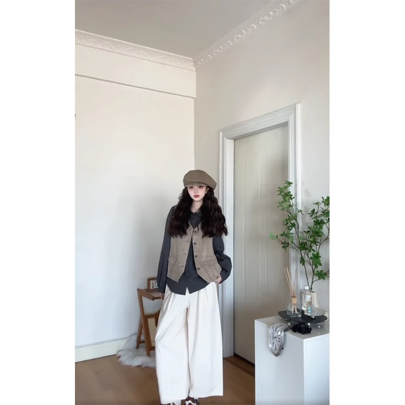 时尚穿搭女秋季V领无袖马甲背心翻领排扣小众衬衫阔腿百搭休闲裤