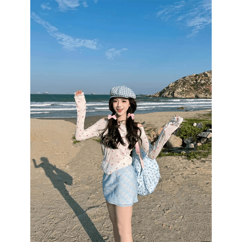 2024新款女士春夏季韩版甜美风薄款长袖百搭针织上衣高腰半身裙