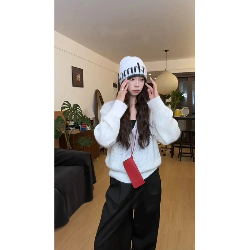 2024新款女士早秋季慵懒风休闲宽松百搭V领针织毛衣高腰阔腿裤