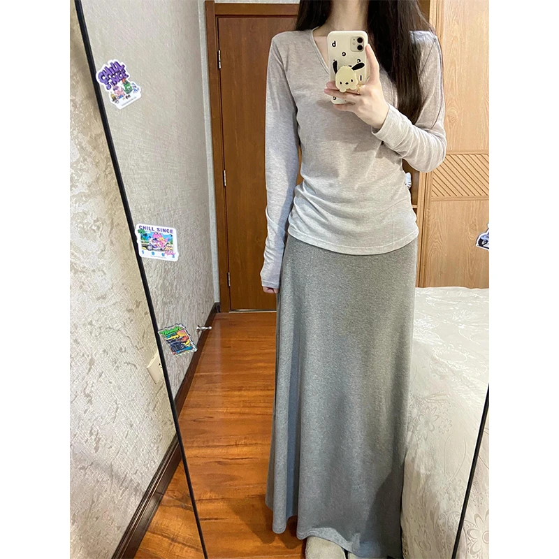 时尚穿搭女夏季V领正肩长袖修身显瘦百搭防晒小众上衣休闲半身裙