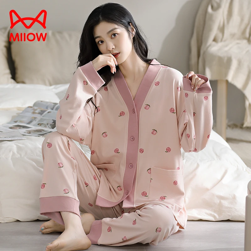 MiiOW/猫人睡衣女春秋款冬季纯棉长袖开衫可爱高颜值家居服套装
