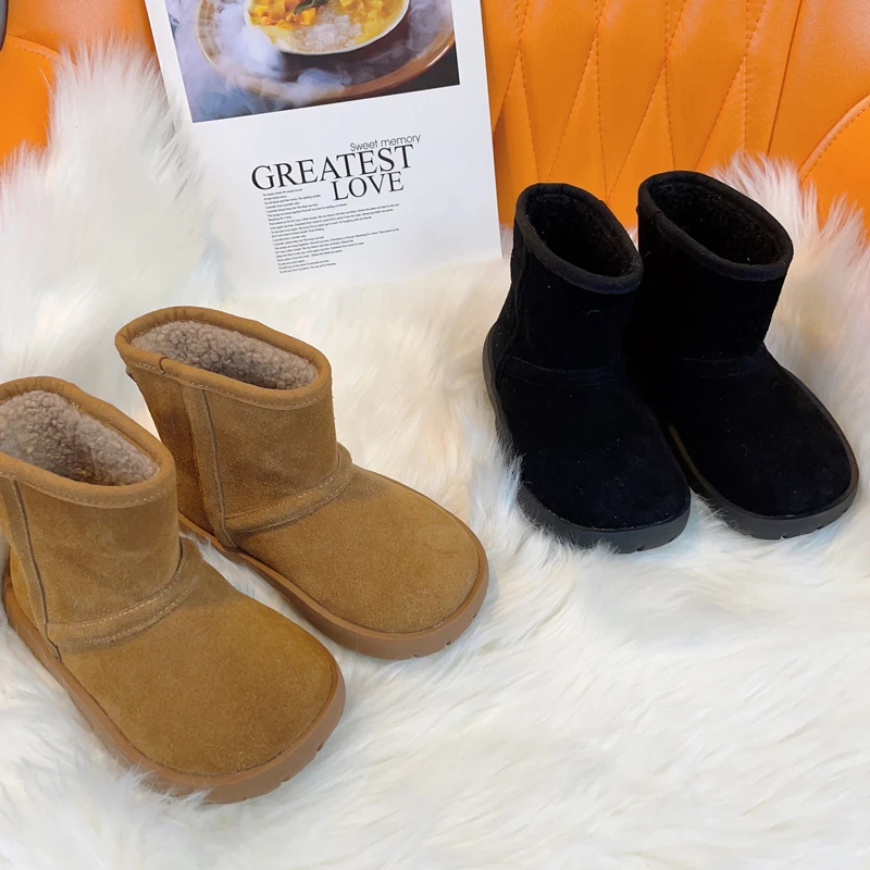 真皮雪地靴冬季新款儿童磨砂皮男女童防滑加厚加绒保暖短雪地靴