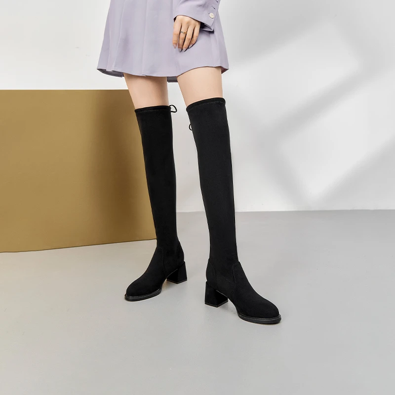 【媛媛女王专享】卓诗尼过膝长靴女高跟冬季加绒长筒靴弹力高筒靴子
