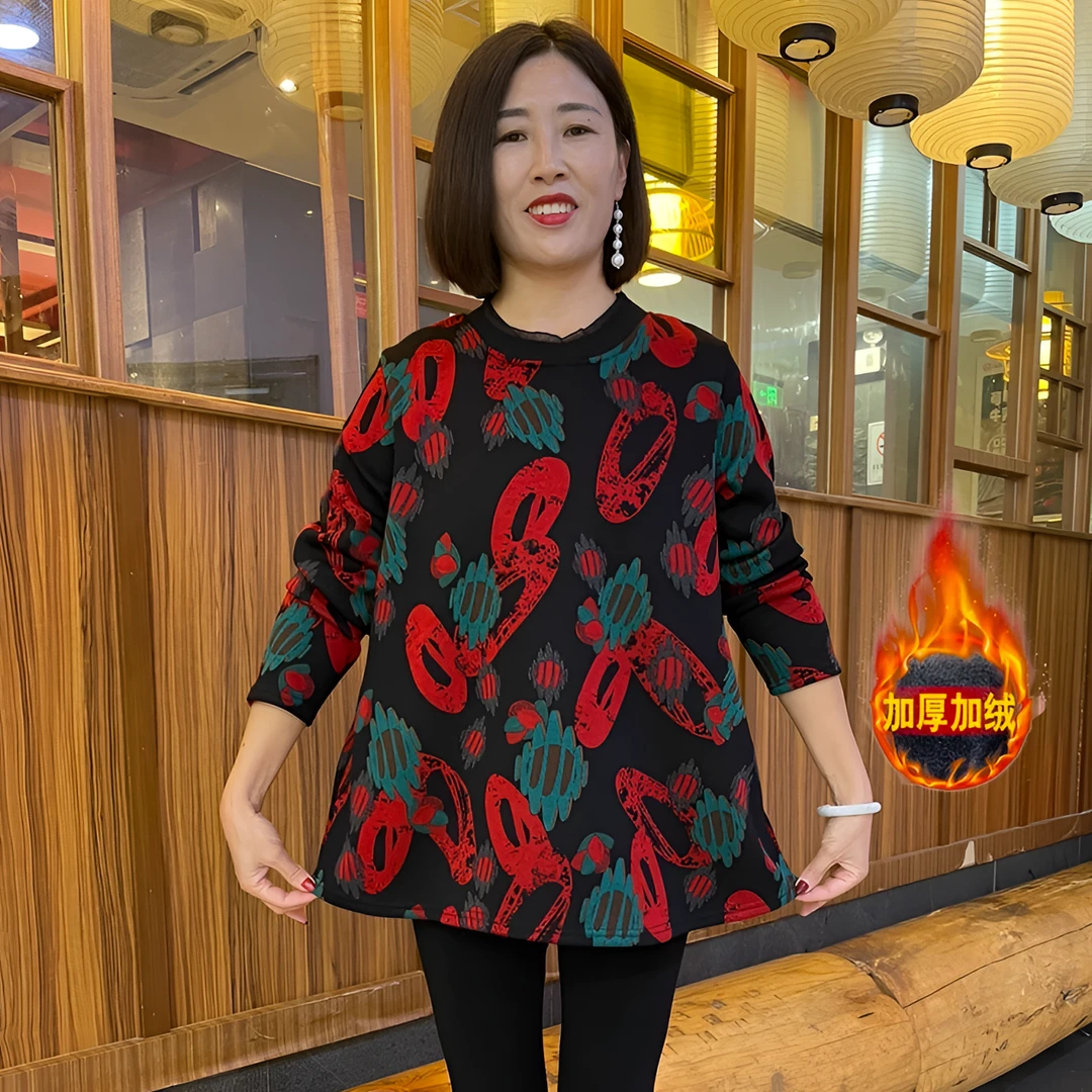 2024冬季新款加绒气质大码中老年宽松遮肚保暖时髦上衣妈妈装